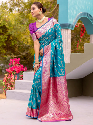 Spectacular Sky Blue Zari Weaving Banarasi Silk Traditional Saree